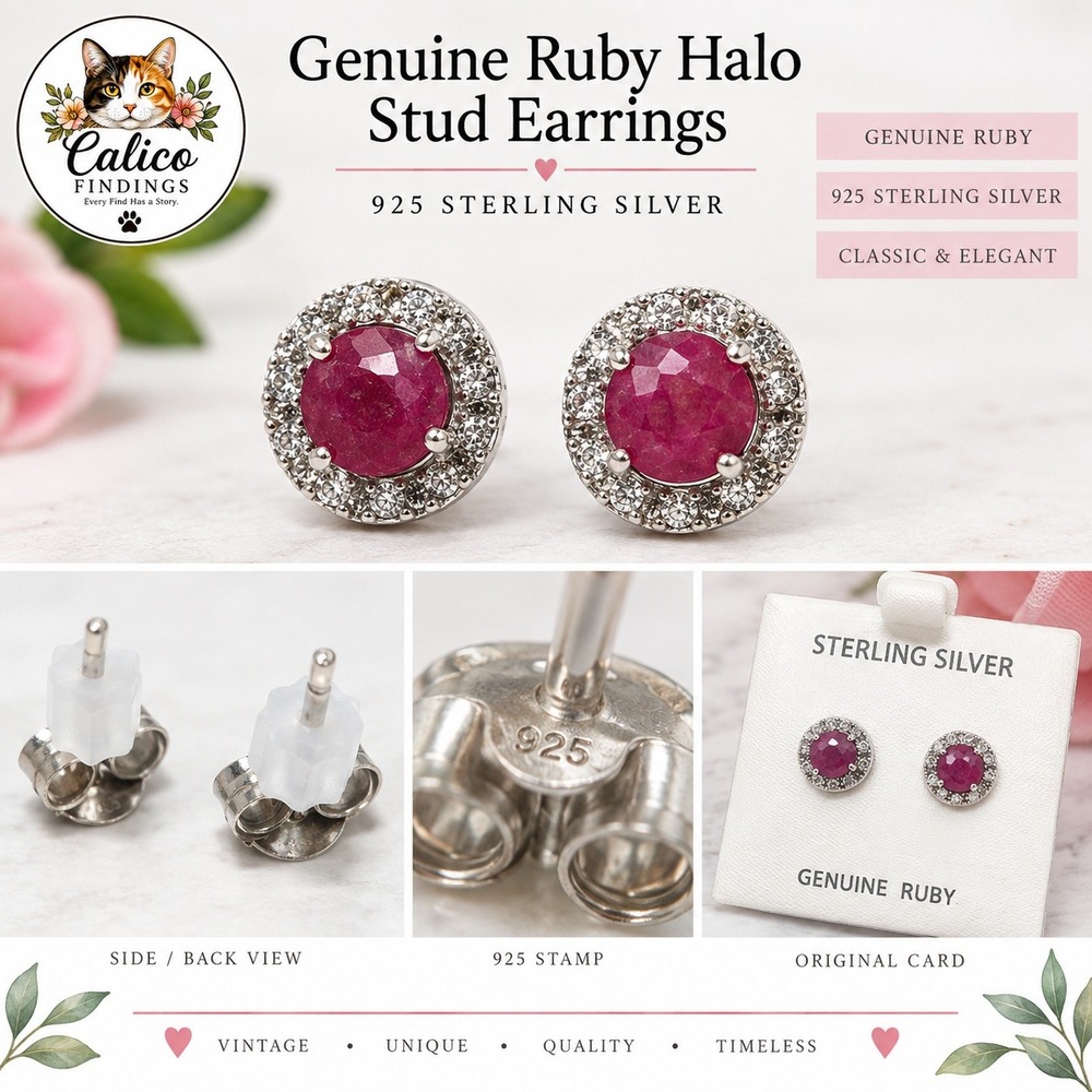 Genuine Ruby Halo Stud Earrings 925 Sterling Silver Round Red Gemstone New